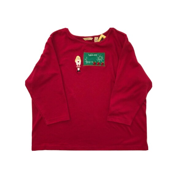 Bechamel Womens Shirt 1X Long sleeve Red Embroidered Teacher Classroom NWT - Picture 1 of 6